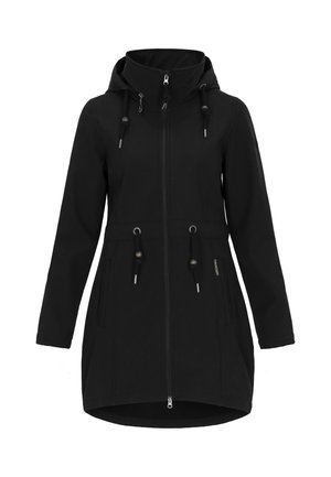 Cappotto nero con zip frontale, cappuccio regolabile e vita con coulisse. Presenta due tasche laterali e un orlo leggermente curvato.