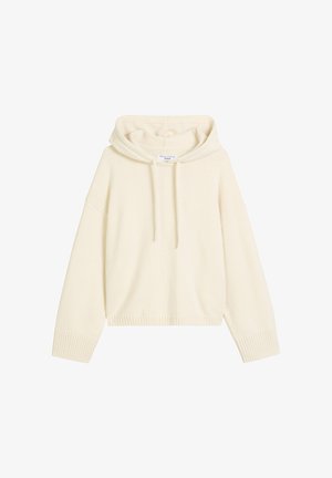 Crèmekleurige hoodie gemaakt van zachte stof, met een trekkoord, geribbelde zoom en verlaagde schouders voor een ontspannen pasvorm en textuur.