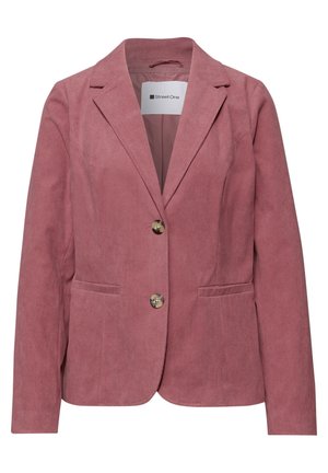 Roze corduroy blazer met opstaande revers, twee knopen aan de voorkant en twee paspelzakken, met het label "Street One" aan de binnenkant van de kraag.