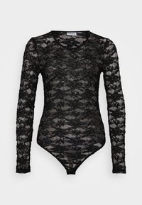 Crna čipkana bodysuit s dugim rukavima i okruglim izrezom. Detaljan cvjetni uzorak s poluprozirnom teksturom. Kopčanje na dnu.