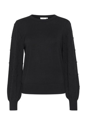 Mustas kampsun ümmarguse kaelusega, keha lähedal, ja balloonvarrukad, millel on teemandimustrid ja väiksed mustad kaunistused.