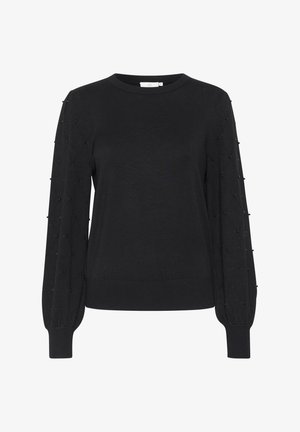 Pull noir avec un col rond, corps ajusté et manches ballons arborant des motifs en losange et de petites embellissements noirs.