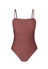 Fialový jednodílný plavky s tenkými nastavitelnými ramínky, přehybovým detailem na bocích a hladkým matným povrchem. Klasický design s vysokým střihem na nohách.