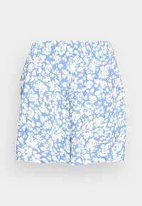 Jasnoniebieskie szorty z białym kwiatowym wzorem, elastycznym pasem, luźnym krojem i miękką fakturą. Posiadają boczne kieszenie i casualowy design.