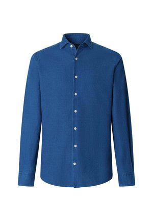 Camicia azzurra a maniche lunghe con bottoni bianchi e colletto classico, mostrata su uno sfondo bianco.