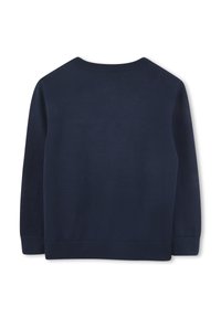 Pullover azul-marinho com gola careca, punhos e bainha canelados, feito de um tecido suave, apresentando um design simples e limpo, sem adornos.