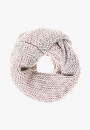 Écharpe infinie tricotée rose clair avec un motif texturé et épais, présentée enroulée en forme circulaire sur un fond blanc.