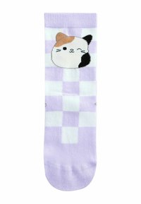 Črtasta vijolično-bela nogavica z risanim obrazom mačke s kožnatim ušesom in črnim madežem. Izdelana iz mehkega, raztegljivega materiala.
