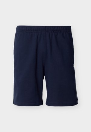 Navyblauwe korte broek met elastische taille, rechte pijpen en een klein krokodillenlogo aan de rechterkant.
