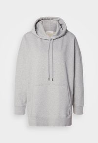 Hoodie gris clair à manches longues avec poche kangourou à l'avant et capuche avec cordon, présenté sur un fond blanc.