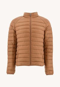 Giacca a puffo marrone con zip frontale, colletto alto e trapuntatura orizzontale. Presenta maniche lunghe e polsini elasticizzati. Materiale liscio e leggero.