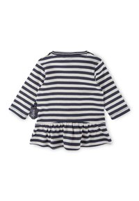 Langärmliges Kleid mit horizontalen Streifen in Marineblau und Creme, rundem Ausschnitt und gerafftem Peplum-Saum. Weicher Baumwollstoff. Etikett angebracht.