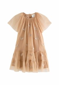 Robe à manches courtes, à volants, en tulle pêche doux avec broderie de papillons argentés, col rond et texture légère et aérienne.