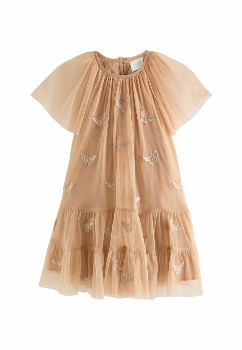 Robe à manches courtes, à volants, en tulle pêche doux avec broderie de papillons argentés, col rond et texture légère et aérienne.