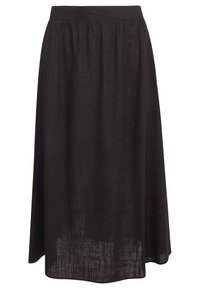 Black, ankle-length skirt made of lightweight fabric with a gathered waistline and a slightly sheer texture. No patterns or accents visible.