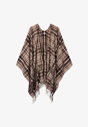 Poncho a quadri beige e marrone con una vestibilità ampia, frange in tessuto sul fondo e collo tondo. Texture morbida e design drappeggiato.