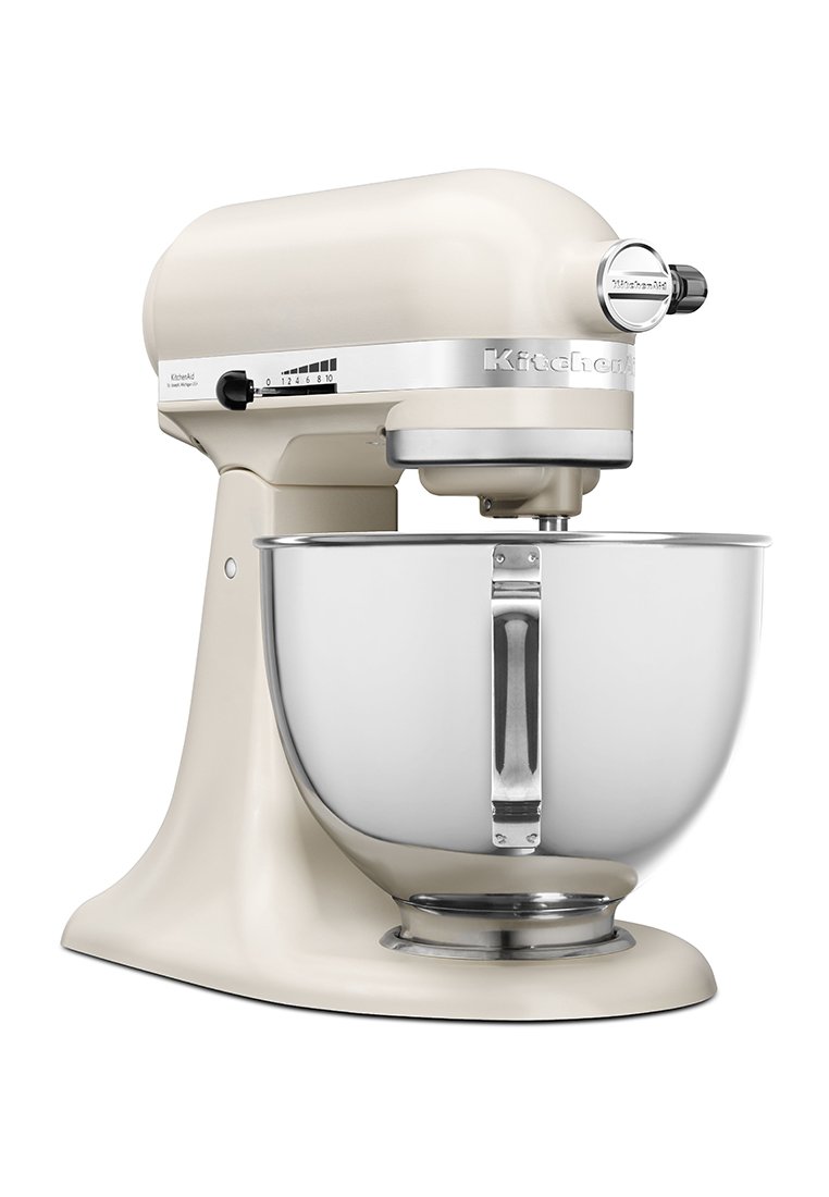 Küchenmaschine mit cremefarbenem Gehäuse, silbernem Geschwindigkeitsregulierungshebel und großer Edelstahlschüssel mit Griff.