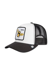 White and black mesh trucker cap with a yellow bee patch labeled "QUEEN" on the front panel and a small logo on the black brim.