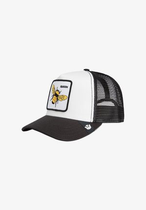 White and black mesh trucker cap with a yellow bee patch labeled "QUEEN" on the front panel and a small logo on the black brim.