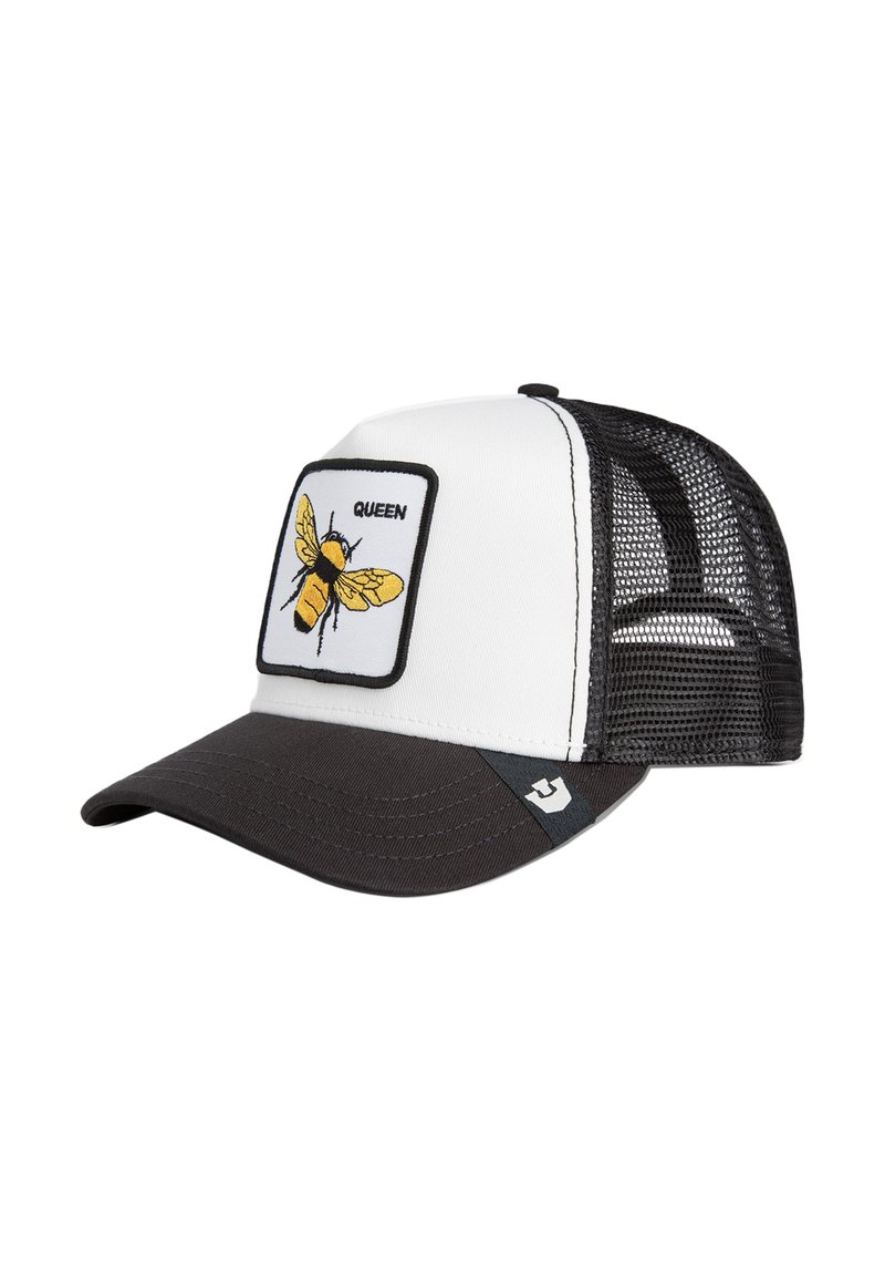White and black mesh trucker cap with a yellow bee patch labeled "QUEEN" on the front panel and a small logo on the black brim.