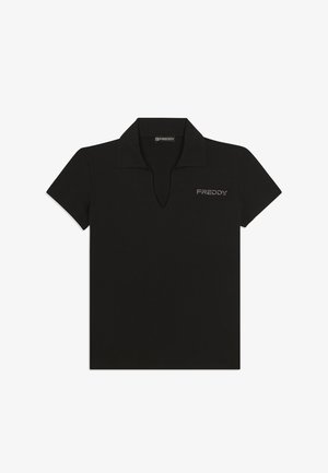 Polo nera a maniche corte con colletto e piccolo logo "FREDDY" stilizzato a punti sul petto a sinistra.