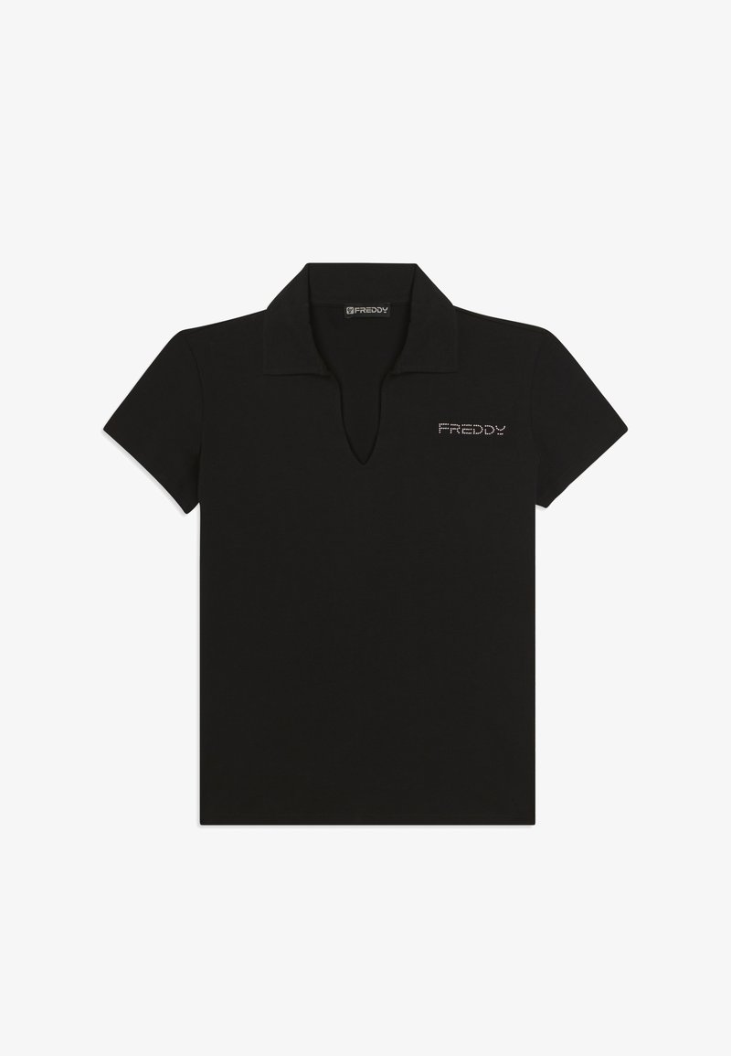 Polo nera a maniche corte con colletto e piccolo logo "FREDDY" stilizzato a punti sul petto a sinistra.