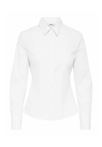 Camicia bianca a maniche lunghe con colletto, realizzata in tessuto di cotone. Presenta un design aderente e un orlo curvo.