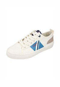 Zapatilla de lona en color crema con diseño geométrico azul y blanco. Presenta acentos en beige en el talón y cordones blancos sobre una suela de goma texturizada.
