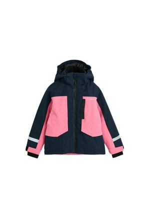 Mørkeblå og pink hættejakke med frontlynlås, to store pink lommer, lille lynlåslomme på brystet og refleksstriber på ærmerne.