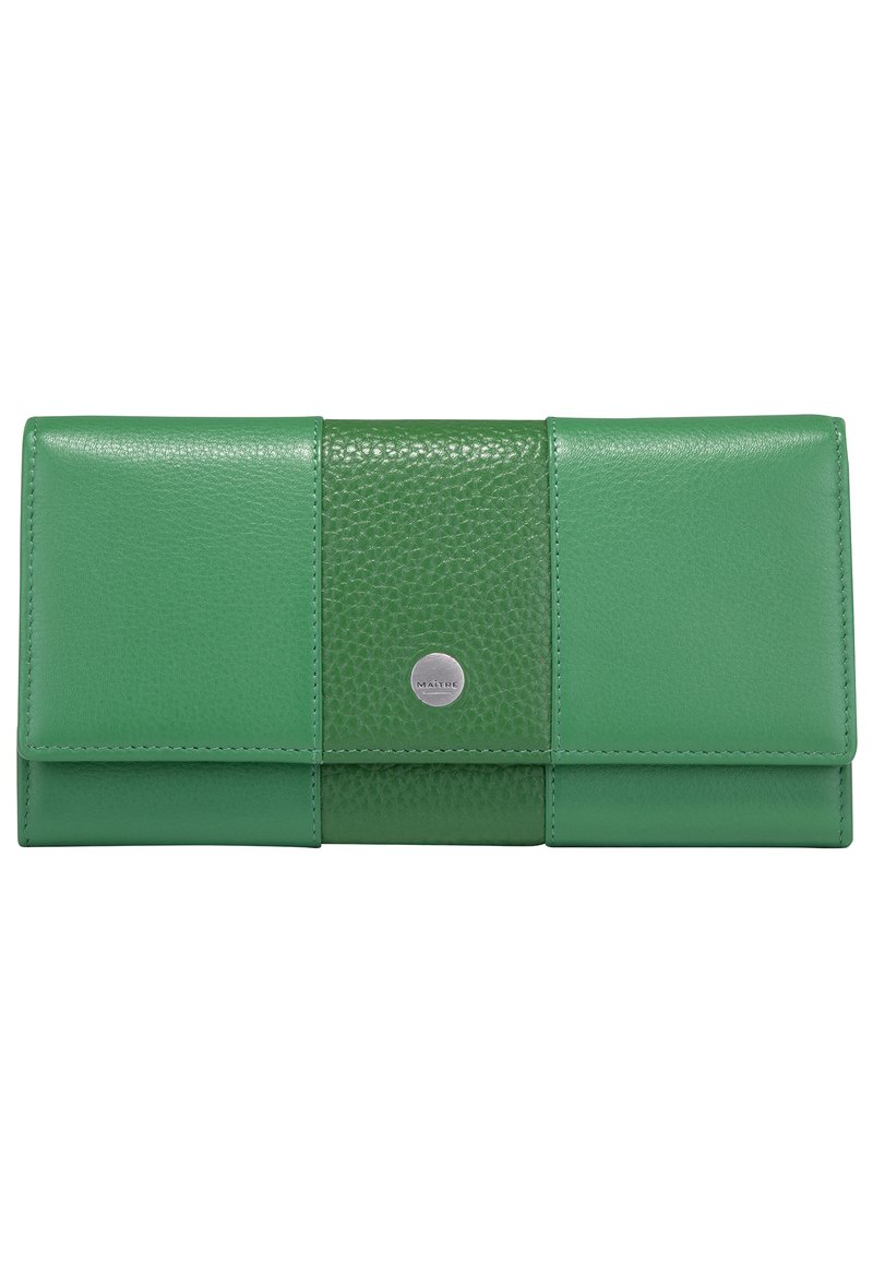 Portafoglio verde in pelle con un pannello centrale testurizzato, bordi lisci, hardware in argento e cuciture a contrasto, design a ribalta.