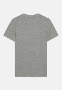 Gray short-sleeve T-shirt with a crew neck. Made of soft cotton fabric, featuring a smooth texture and a simple, solid design.