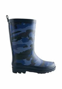 Bota de goma azul marino para la lluvia con un patrón de camuflaje, punta redondeada y suela texturizada para mayor agarre. Diseñada con un lazo en la parte superior.