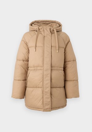 Beige pufferjack met een capuchon, voorzien van een ritssluiting aan de voorkant, een trekkoord en een gestikte textuur. Inclusief zijzakken en een ontspannen pasvorm.