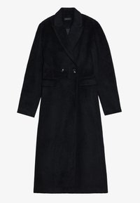 Zwarte double-breasted jas gemaakt van zacht materiaal, met een reverskraag, twee voorzakken en knoopsluitingen. Soepele textuur.