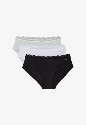 Trois paires de sous-vêtements pour femmes : une grise, une blanche et une noire. Chacune présente une taille en dentelle festonnée et un tissu lisse et extensible.