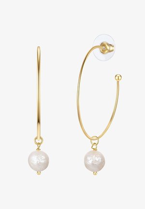 Gold hoop earrings feature a large, lustrous white pearl drop. The design includes a transparent backing and a polished finish.