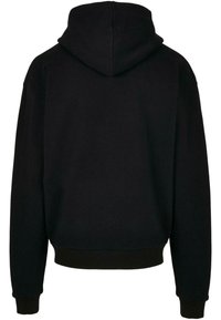 Sorte sweatshirt med snøre i hætten, ribbede manchetter og ribbet kant. Stoffet ser blødt ud med en glat overflade.