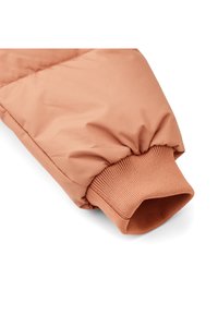 Padded jacket sleeve in soft coral fabric. Features elastic ribbed cuff and smooth outer texture with stitched detailing.