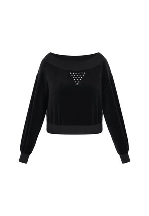 Černý zkrácený svetr vyrobený z měkkého sametu se širokým výstřihem na ramena, elastickými manžetami a trojúhelníkovým designem s hroty na přední straně.