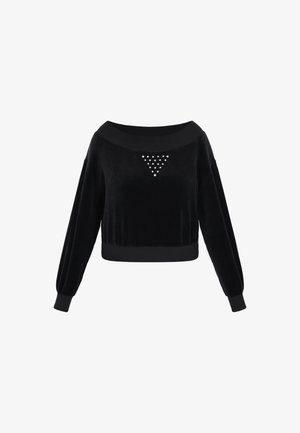 Černý zkrácený svetr vyrobený z měkkého sametu se širokým výstřihem na ramena, elastickými manžetami a trojúhelníkovým designem s hroty na přední straně.