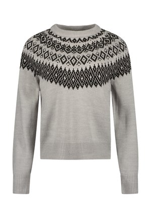 Jasnoszary sweter dziany z czarnym geometrycznym wzorem diamentu wokół górnej części klatki piersiowej i ramion, z prążkowanymi mankietami, dołem i dekoltem.