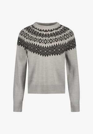 Pull en maille gris clair avec motif géométrique noir en forme de losange autour de la poitrine et des épaules, poignets, ourlet et col côtelés.