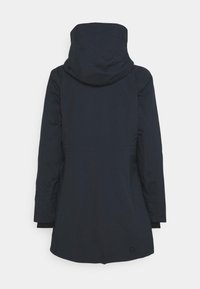 Navy blue waterproof jacket with a hood, long sleeves, and a fitted waist. Features a smooth texture and minimalistic design.