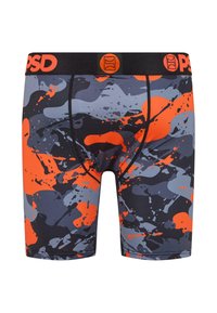 Bokserit musta, harmaa ja oranssi roiskepatterniga elastse vöökohaga, millel on "PSD" brändingu logo. Valmistatud venivast ja hingavast kangast.