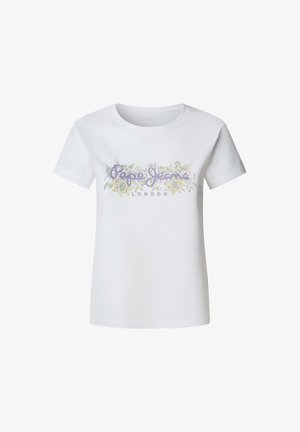 Valge puuvillane T-särk, millel on lilleline disain pastellvärvides ja tekst "Pepe Jeans LONDON" lillakas, ümmargune kaelus, lühikesed varrukad.