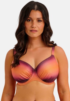 Sujetador con diseño degradado ombre que pasa de naranja a púrpura, con copas suaves, tirantes ajustables y textura suave.