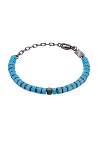 Turkusowa bransoletka z koralików z czarnym metalowym łańcuchem. Posiada cylindryczne koraliki oddzielone cienkimi czarnymi spacerami oraz teksturowane centrum.