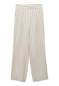 Beige wijde broek met dunne verticale zwarte strepen, riemlussen en voorplooien.