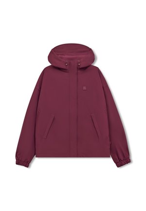 Giacca con cappuccio color marrone scuro con cerniera frontale, due tasche oblique, coulisse regolabili nel cappuccio e polsini elastici sulle maniche lunghe.