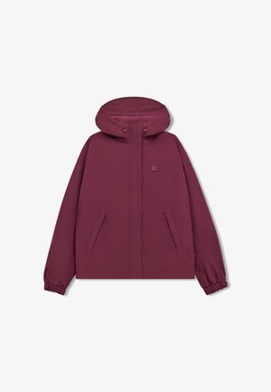 Giacca con cappuccio color marrone scuro con cerniera frontale, due tasche oblique, coulisse regolabili nel cappuccio e polsini elastici sulle maniche lunghe.